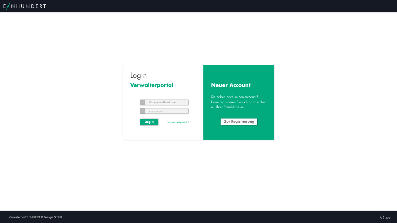 Screenshot Adminportal Login oder Registrierung neuer Account