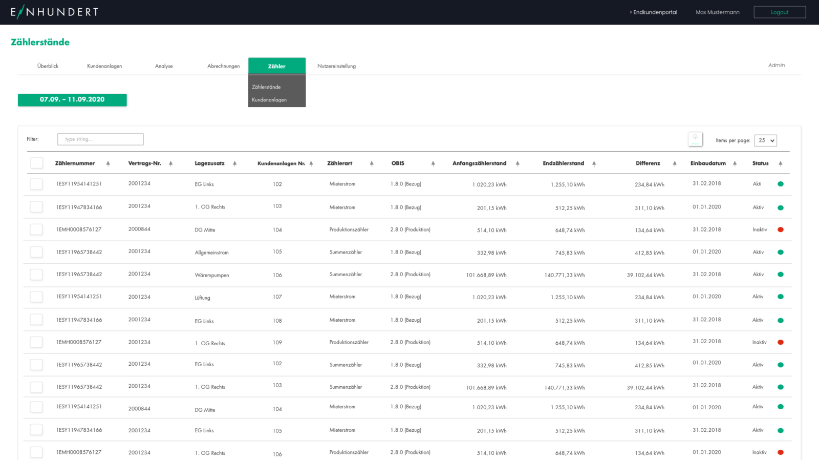 Screenshot Adminportal Übersicht installierte Zähler und deren Stände
