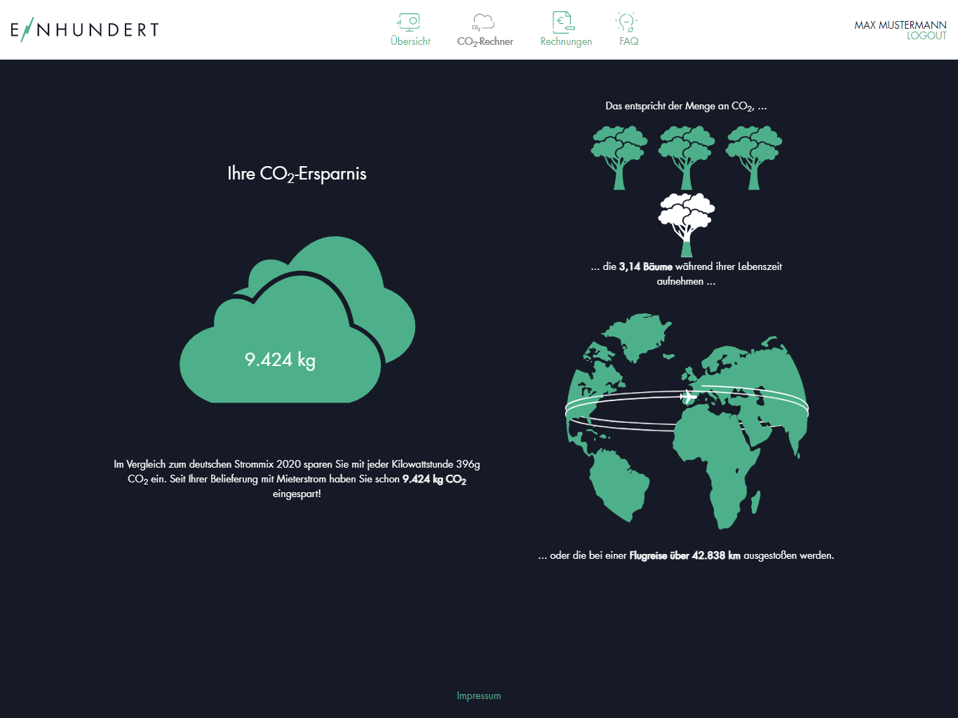 Screenshot Mieterportal CO2-Rechner mit Einsparungen und entsprechender Kompensation in Bäumen und Flugreisen