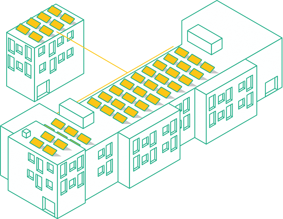 Grafik Quartier Mehrfamilienhaus verbunden mit zweitem Haus gelber Akzent Solaranlage