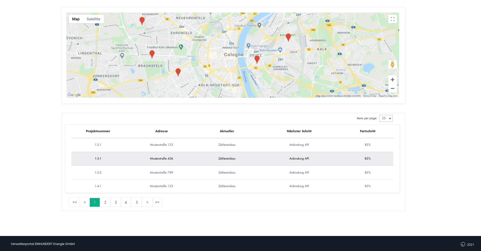 Screenshot Adminportal Übersicht über alle Projekte mit Karte